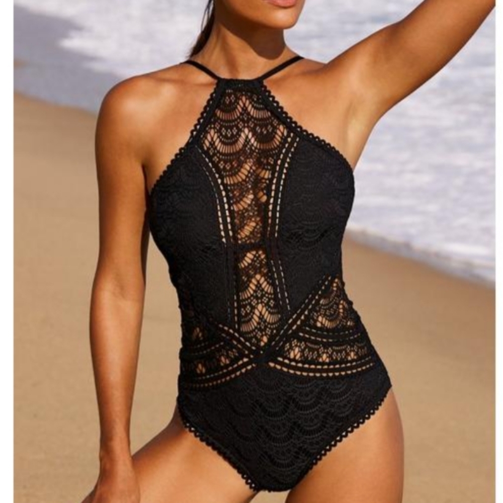 BECCA Black Crochet High-Neck One-Piece Swimsuit